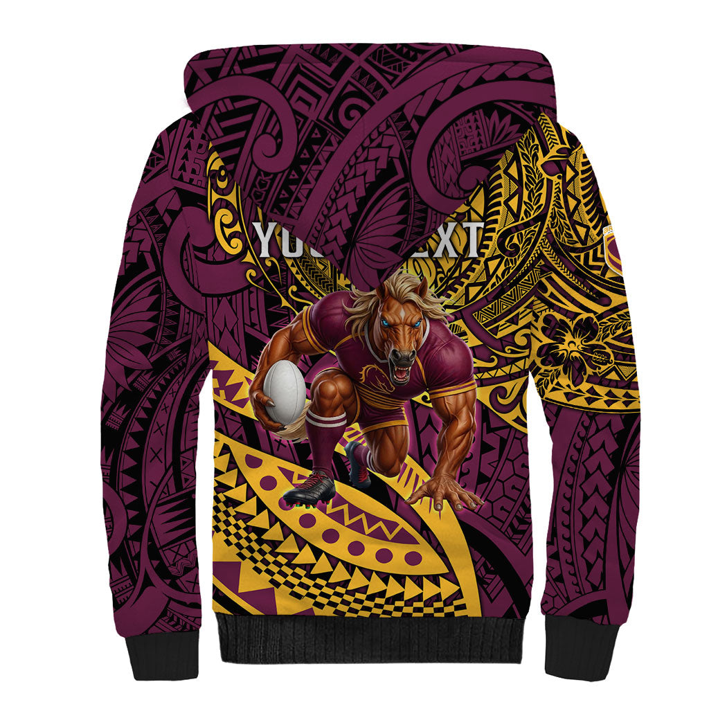 Personalised Brisbane Broncos Sherpa Hoodie Polynesian Tribal Art Style With Hammerhead Mascot