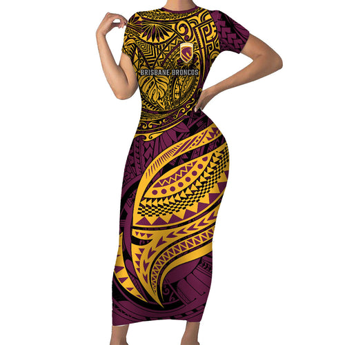 Personalised Brisbane Broncos Short Sleeve Bodycon Dress Polynesian Tribal Art Style With Hammerhead Mascot