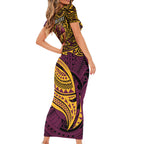 Personalised Brisbane Broncos Short Sleeve Bodycon Dress Polynesian Tribal Art Style With Hammerhead Mascot