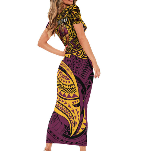 Personalised Brisbane Broncos Short Sleeve Bodycon Dress Polynesian Tribal Art Style With Hammerhead Mascot