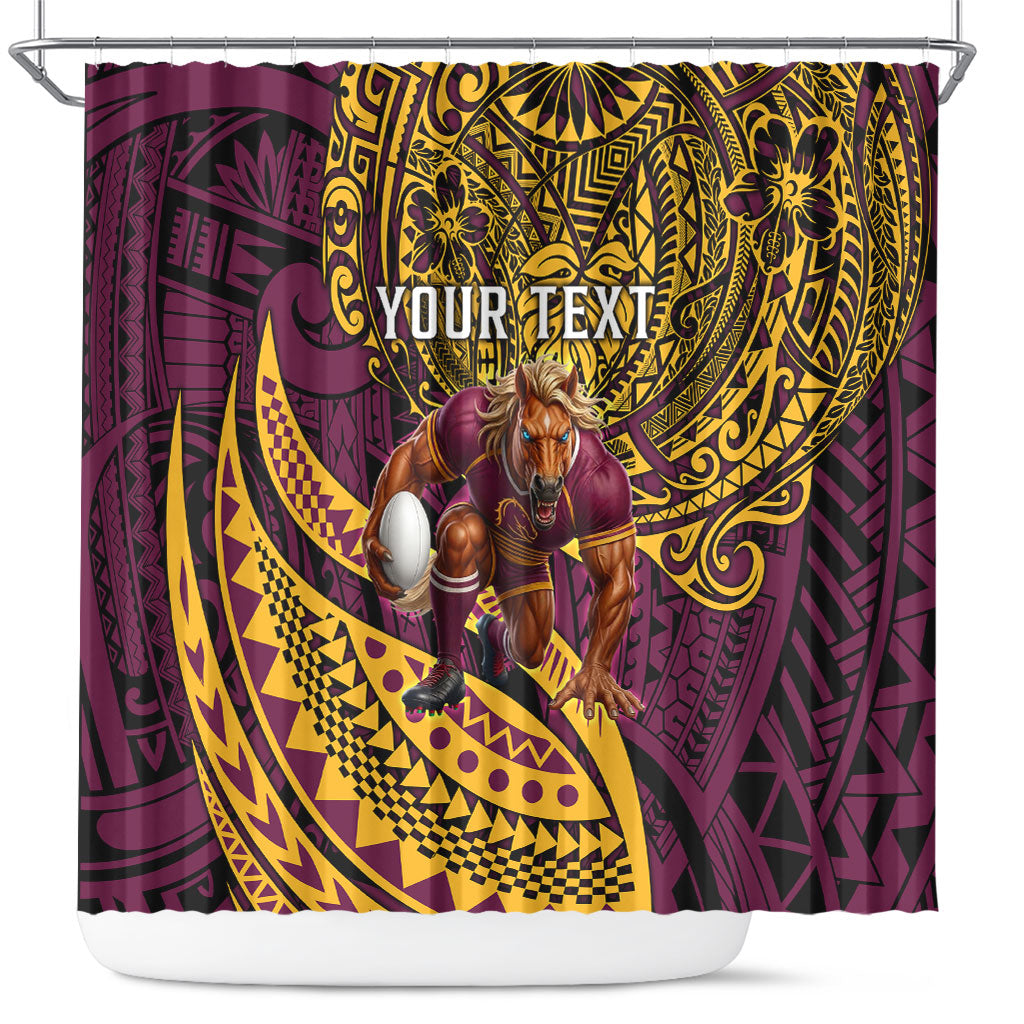Personalised Brisbane Broncos Shower Curtain Polynesian Tribal Art Style With Hammerhead Mascot