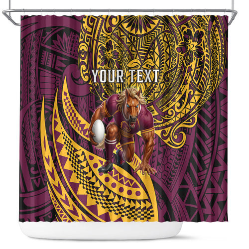 Personalised Brisbane Broncos Shower Curtain Polynesian Tribal Art Style With Hammerhead Mascot