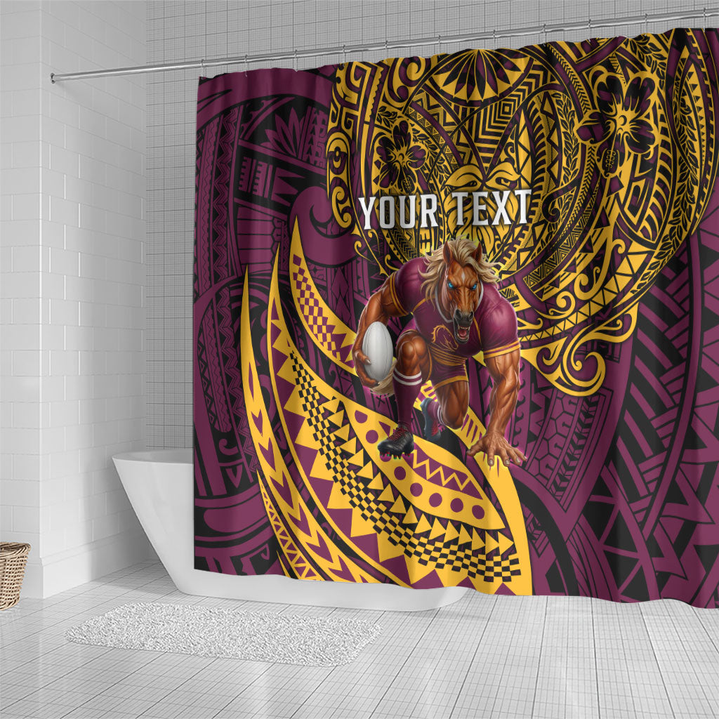 Personalised Brisbane Broncos Shower Curtain Polynesian Tribal Art Style With Hammerhead Mascot