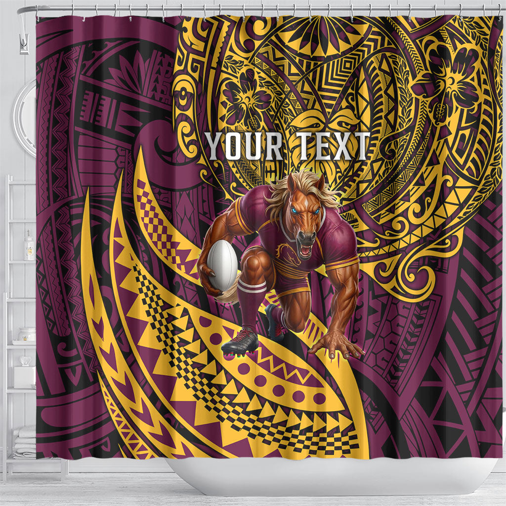 Personalised Brisbane Broncos Shower Curtain Polynesian Tribal Art Style With Hammerhead Mascot