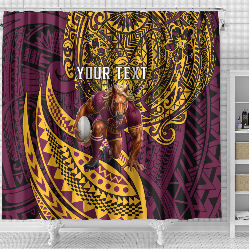 Personalised Brisbane Broncos Shower Curtain Polynesian Tribal Art Style With Hammerhead Mascot