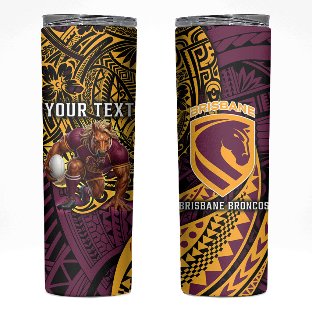 Personalised Brisbane Broncos Skinny Tumbler Polynesian Tribal Art Style With Hammerhead Mascot