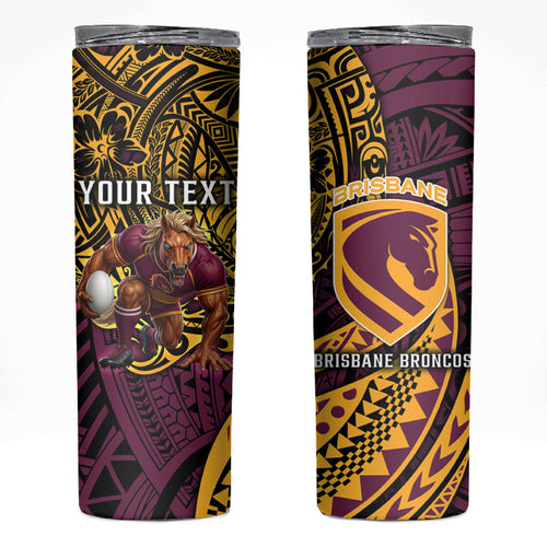Personalised Brisbane Broncos Skinny Tumbler Polynesian Tribal Art Style With Hammerhead Mascot