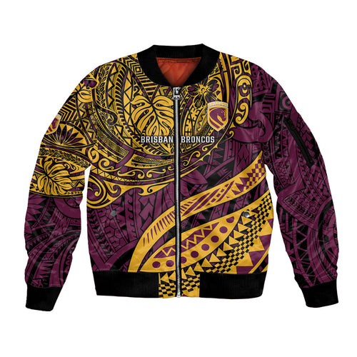 Personalised Brisbane Broncos Sleeve Zip Bomber Jacket Polynesian Tribal Art Style With Hammerhead Mascot