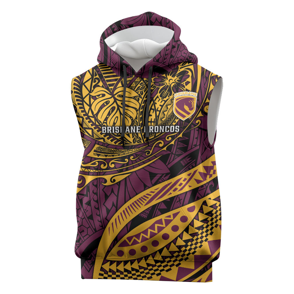 Personalised Brisbane Broncos Sleeveless Hoodie Polynesian Tribal Art Style With Hammerhead Mascot