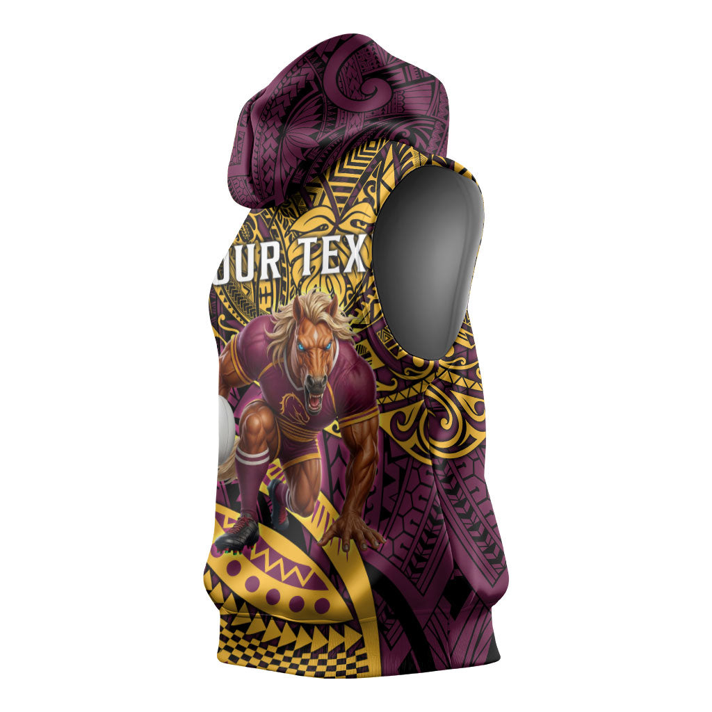 Personalised Brisbane Broncos Sleeveless Hoodie Polynesian Tribal Art Style With Hammerhead Mascot