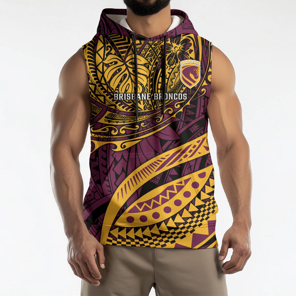 Personalised Brisbane Broncos Sleeveless Hoodie Polynesian Tribal Art Style With Hammerhead Mascot
