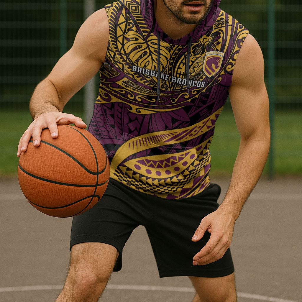 Personalised Brisbane Broncos Sleeveless Hoodie Polynesian Tribal Art Style With Hammerhead Mascot