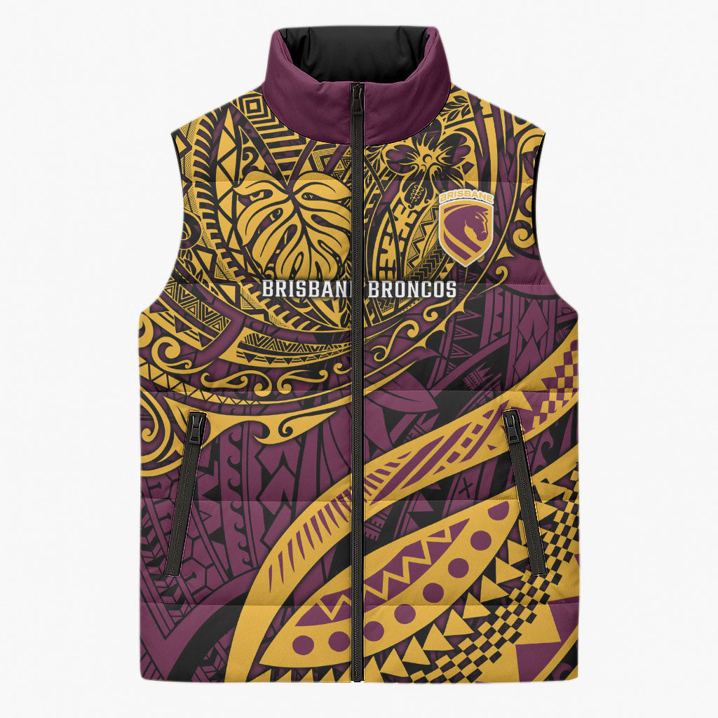 Personalised Brisbane Broncos Sleeveless Puffer Jacket Polynesian Tribal Art Style With Hammerhead Mascot