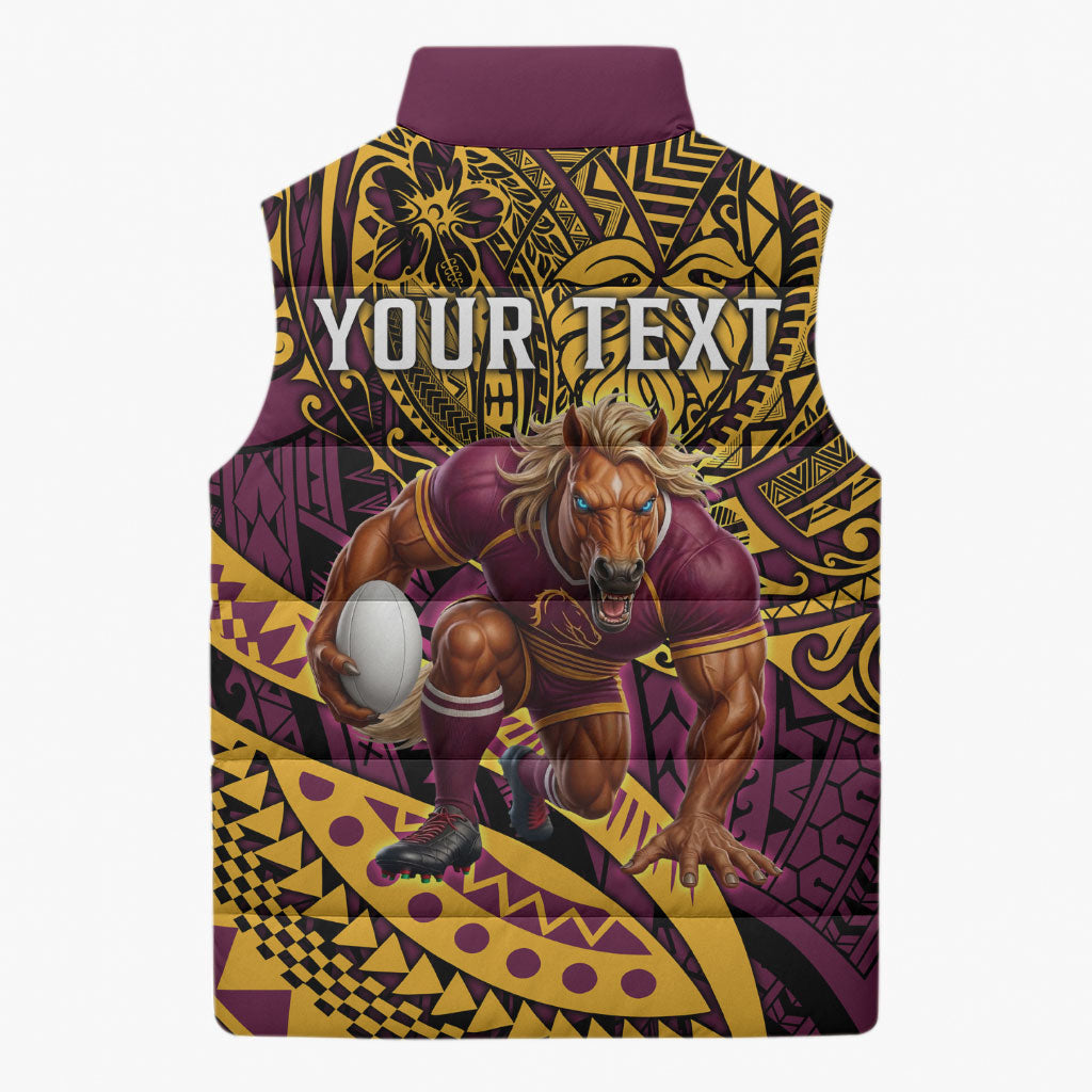 Personalised Brisbane Broncos Sleeveless Puffer Jacket Polynesian Tribal Art Style With Hammerhead Mascot
