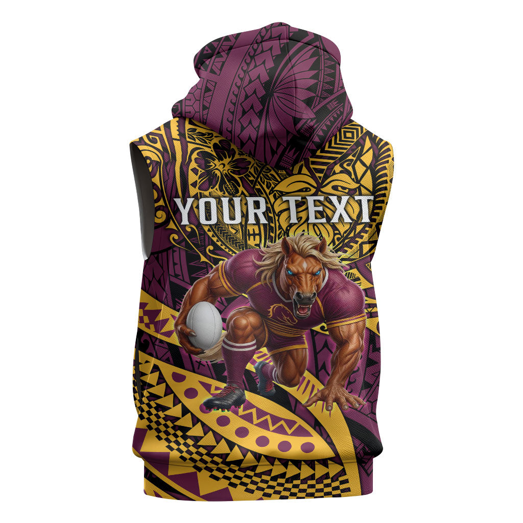 Personalised Brisbane Broncos Sleeveless Zip Hoodie Polynesian Tribal Art Style With Hammerhead Mascot