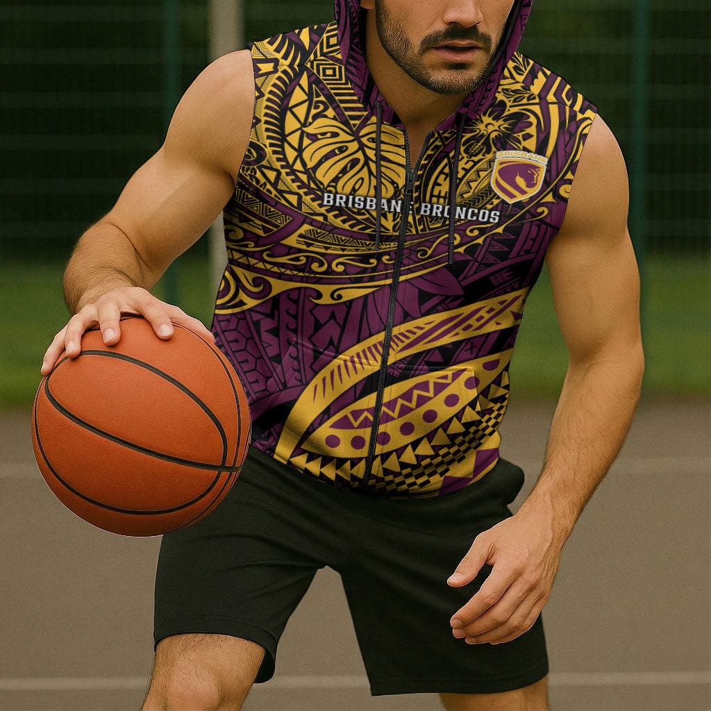 Personalised Brisbane Broncos Sleeveless Zip Hoodie Polynesian Tribal Art Style With Hammerhead Mascot