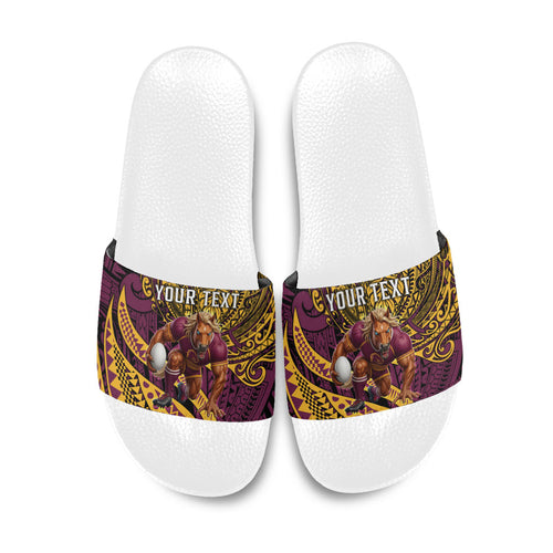Personalised Brisbane Broncos Slide Sandals Polynesian Tribal Art Style With Hammerhead Mascot