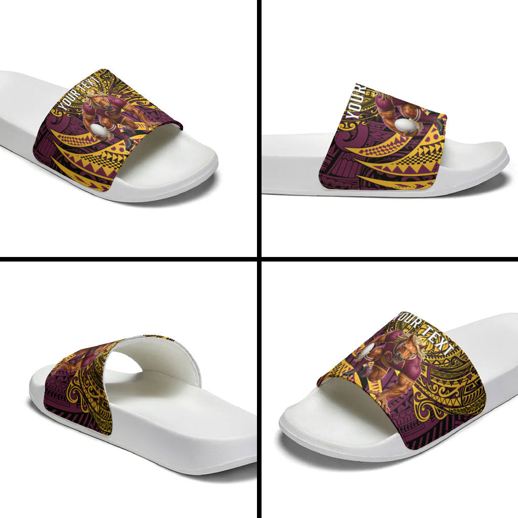 Personalised Brisbane Broncos Slide Sandals Polynesian Tribal Art Style With Hammerhead Mascot