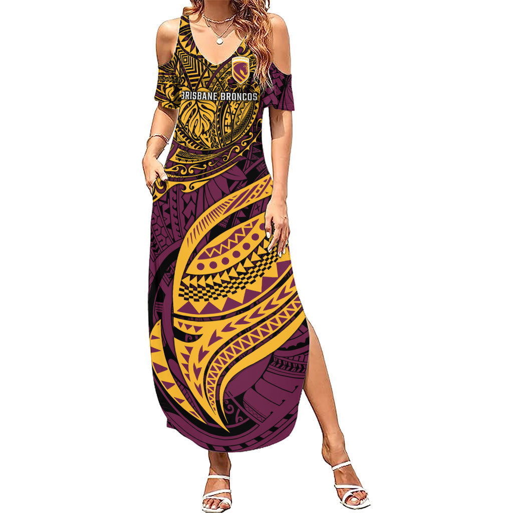 Personalised Brisbane Broncos Summer Maxi Dress Polynesian Tribal Art Style With Hammerhead Mascot