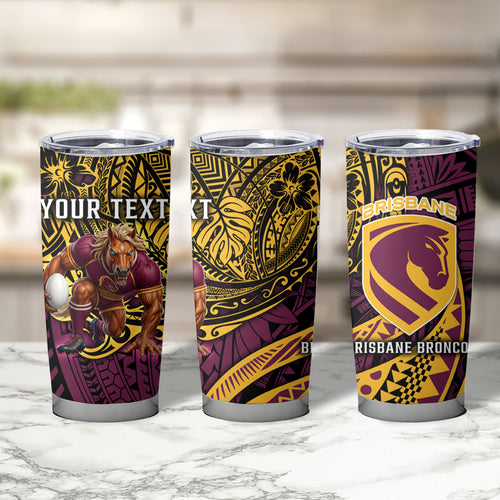 Personalised Brisbane Broncos Tumbler Cup Polynesian Tribal Art Style With Hammerhead Mascot