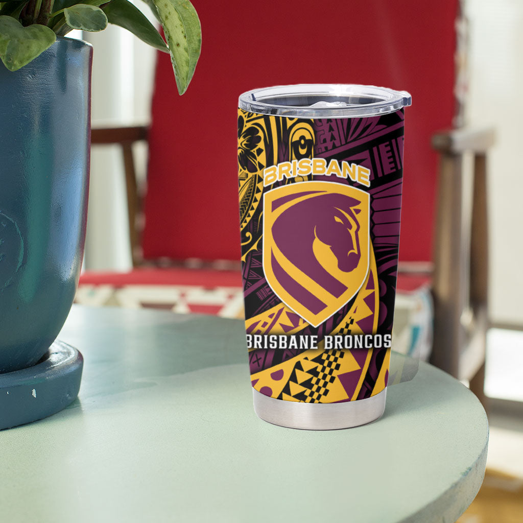 Personalised Brisbane Broncos Tumbler Cup Polynesian Tribal Art Style With Hammerhead Mascot