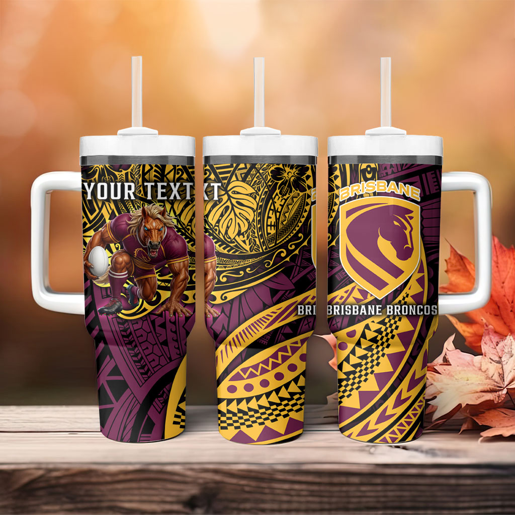 Personalised Brisbane Broncos Tumbler With Handle Polynesian Tribal Art Style With Hammerhead Mascot