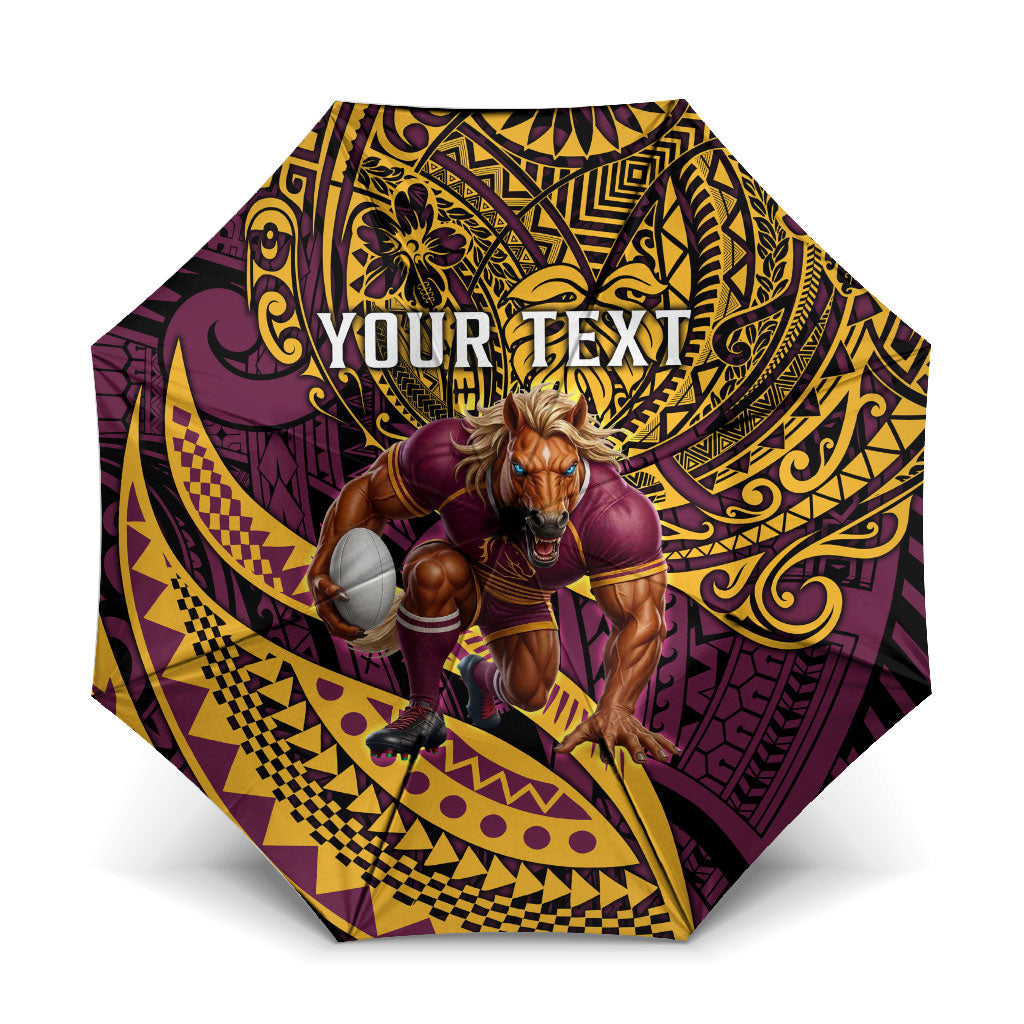 Personalised Brisbane Broncos Umbrella Polynesian Tribal Art Style With Hammerhead Mascot