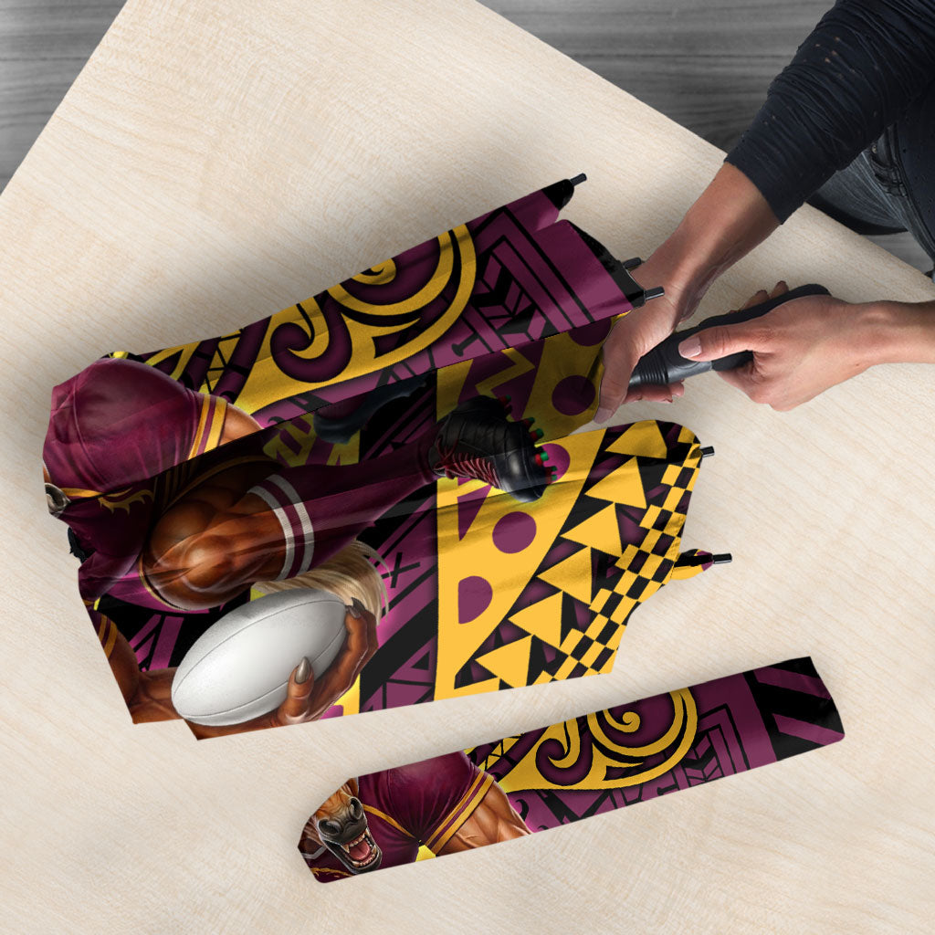 Personalised Brisbane Broncos Umbrella Polynesian Tribal Art Style With Hammerhead Mascot