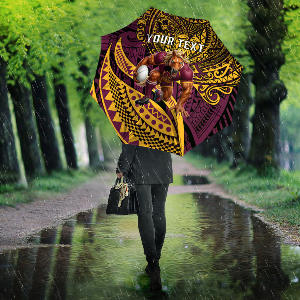 Personalised Brisbane Broncos Umbrella Polynesian Tribal Art Style With Hammerhead Mascot