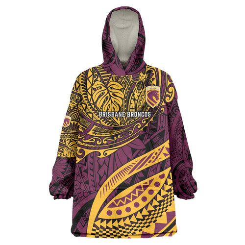 Personalised Brisbane Broncos Wearable Blanket Hoodie Polynesian Tribal Art Style With Hammerhead Mascot