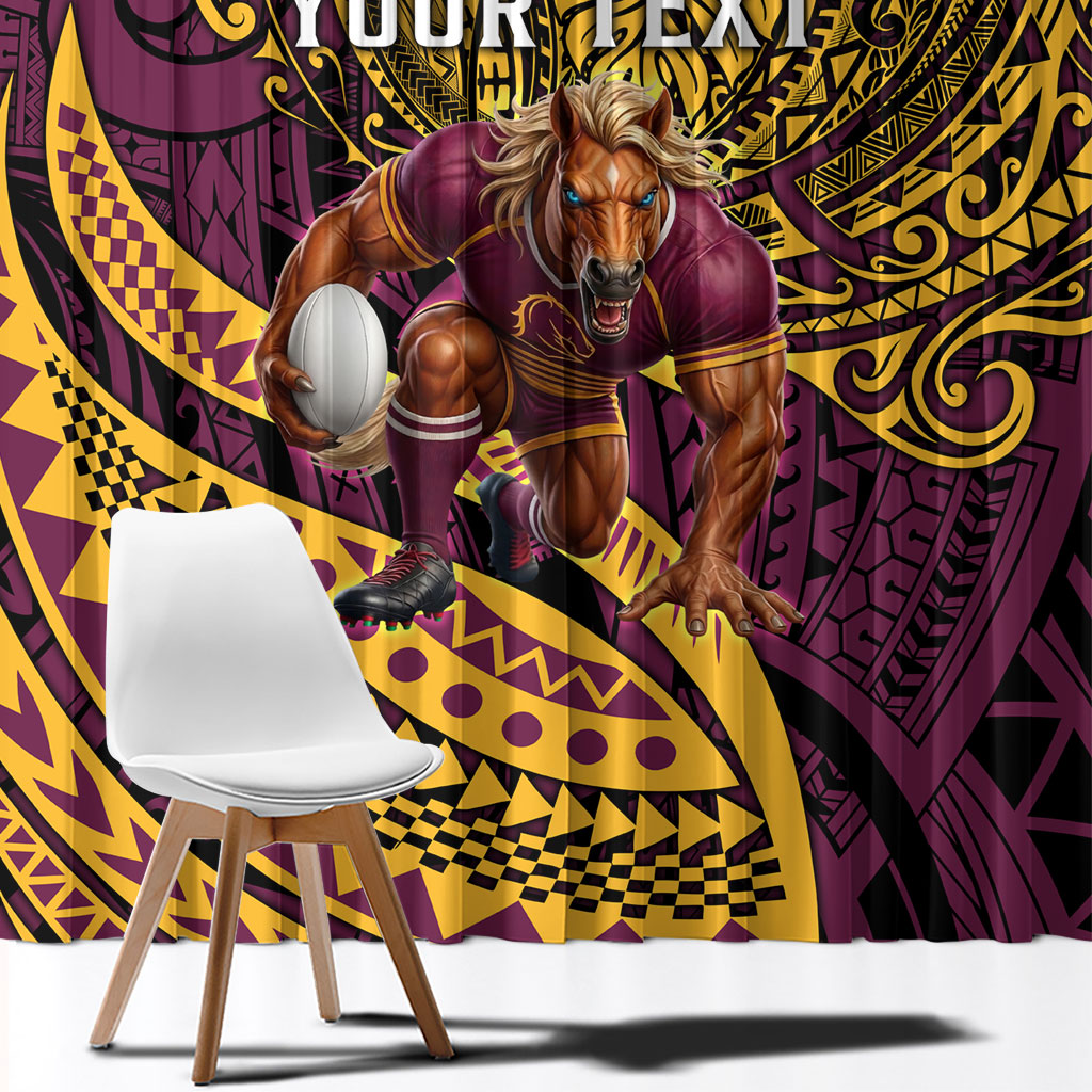 Personalised Brisbane Broncos Window Curtain Polynesian Tribal Art Style With Hammerhead Mascot