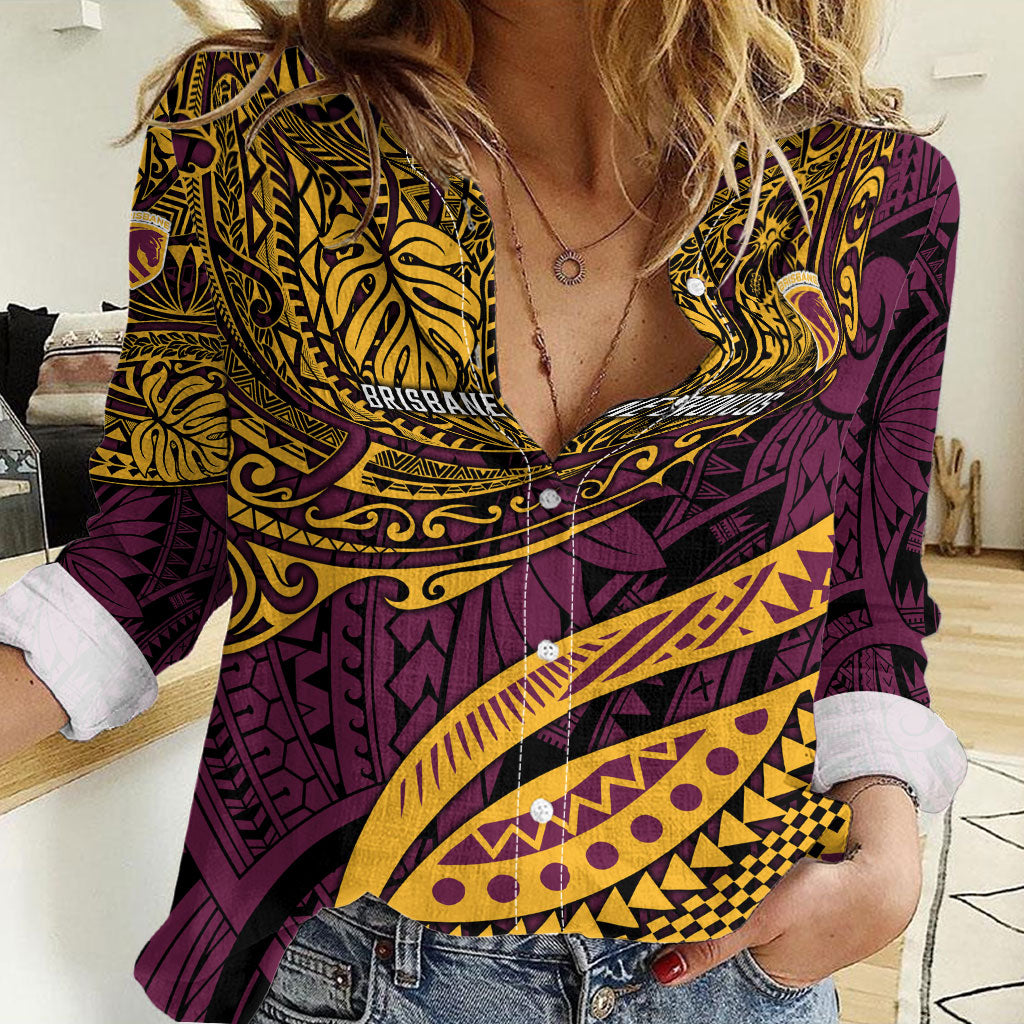 Personalised Brisbane Broncos Women Casual Shirt Polynesian Tribal Art Style With Hammerhead Mascot