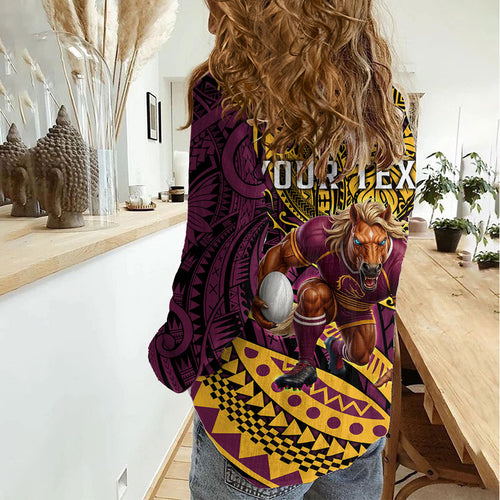 Personalised Brisbane Broncos Women Casual Shirt Polynesian Tribal Art Style With Hammerhead Mascot