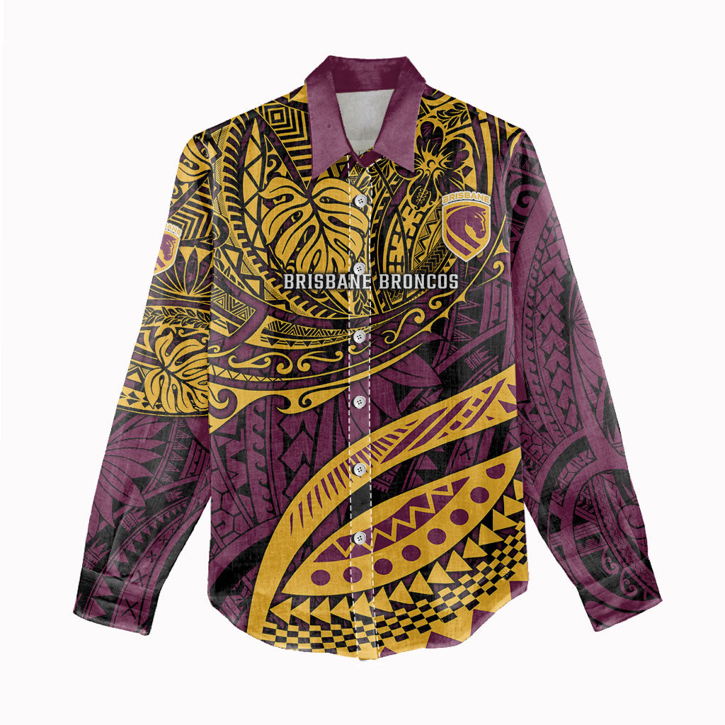 Personalised Brisbane Broncos Women Casual Shirt Polynesian Tribal Art Style With Hammerhead Mascot