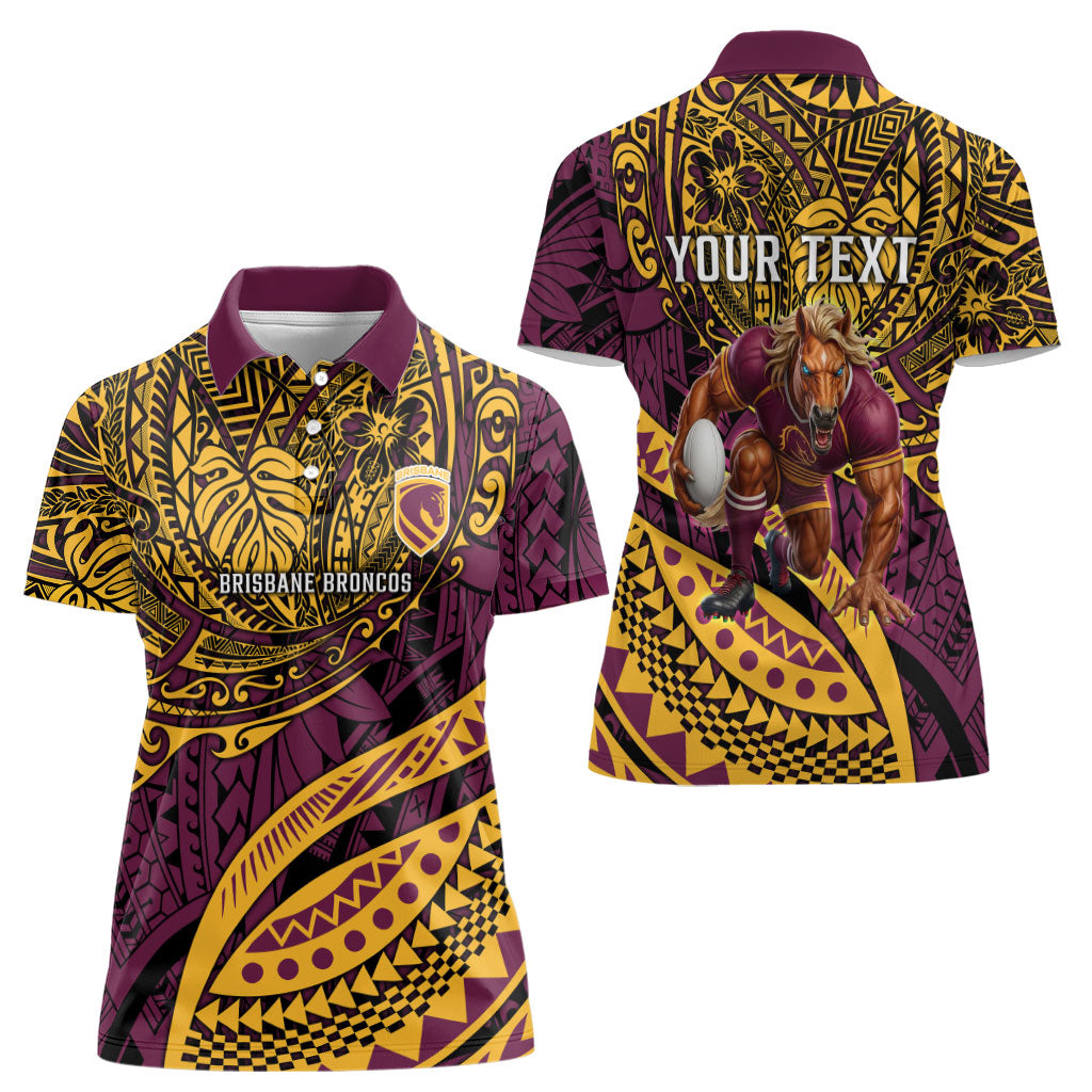 Personalised Brisbane Broncos Women Polo Shirt Polynesian Tribal Art Style With Hammerhead Mascot