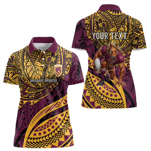 Personalised Brisbane Broncos Women Polo Shirt Polynesian Tribal Art Style With Hammerhead Mascot