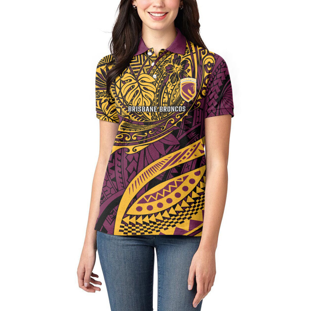 Personalised Brisbane Broncos Women Polo Shirt Polynesian Tribal Art Style With Hammerhead Mascot