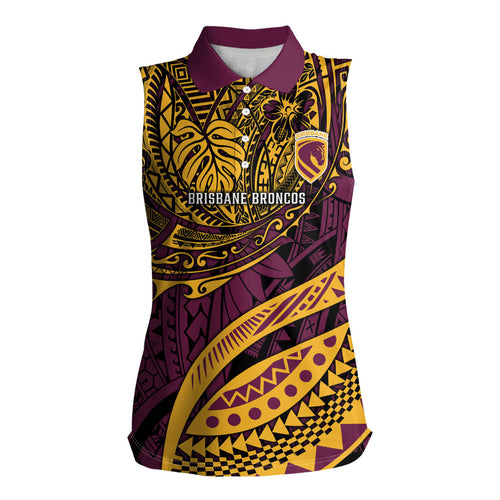 Personalised Brisbane Broncos Women Sleeveless Polo Shirt Polynesian Tribal Art Style With Hammerhead Mascot