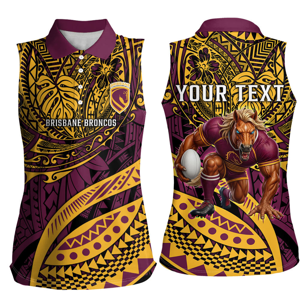 Personalised Brisbane Broncos Women Sleeveless Polo Shirt Polynesian Tribal Art Style With Hammerhead Mascot