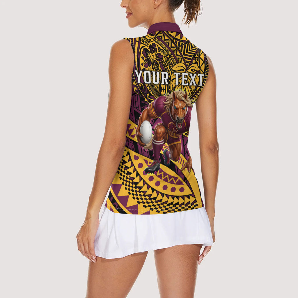 Personalised Brisbane Broncos Women Sleeveless Polo Shirt Polynesian Tribal Art Style With Hammerhead Mascot