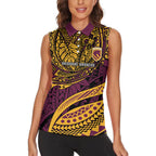 Personalised Brisbane Broncos Women Sleeveless Polo Shirt Polynesian Tribal Art Style With Hammerhead Mascot
