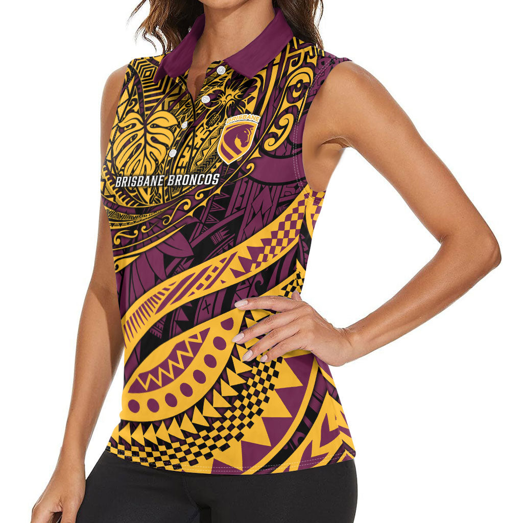 Personalised Brisbane Broncos Women Sleeveless Polo Shirt Polynesian Tribal Art Style With Hammerhead Mascot