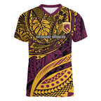 Personalised Brisbane Broncos Women V-Neck T-Shirt Polynesian Tribal Art Style With Hammerhead Mascot