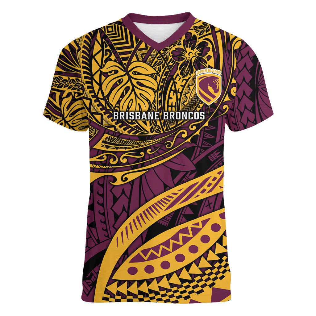 Personalised Brisbane Broncos Women V-Neck T-Shirt Polynesian Tribal Art Style With Hammerhead Mascot