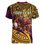 Personalised Brisbane Broncos Women V-Neck T-Shirt Polynesian Tribal Art Style With Hammerhead Mascot