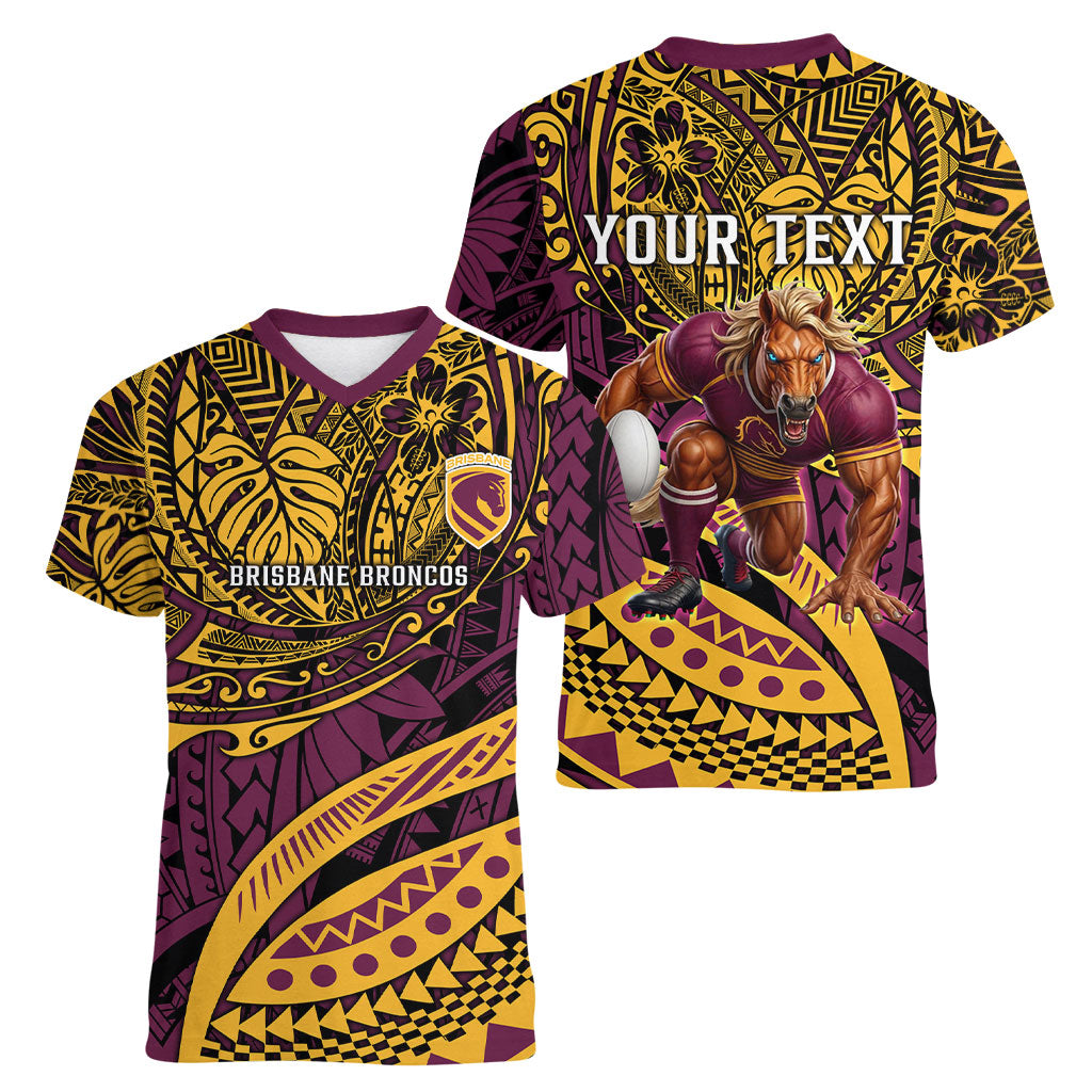 Personalised Brisbane Broncos Women V-Neck T-Shirt Polynesian Tribal Art Style With Hammerhead Mascot