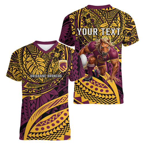 Personalised Brisbane Broncos Women V-Neck T-Shirt Polynesian Tribal Art Style With Hammerhead Mascot