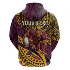 Personalised Brisbane Broncos Zip Hoodie Polynesian Tribal Art Style With Hammerhead Mascot