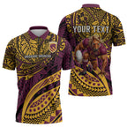 Personalised Brisbane Broncos Zipper Polo Shirt Polynesian Tribal Art Style With Hammerhead Mascot