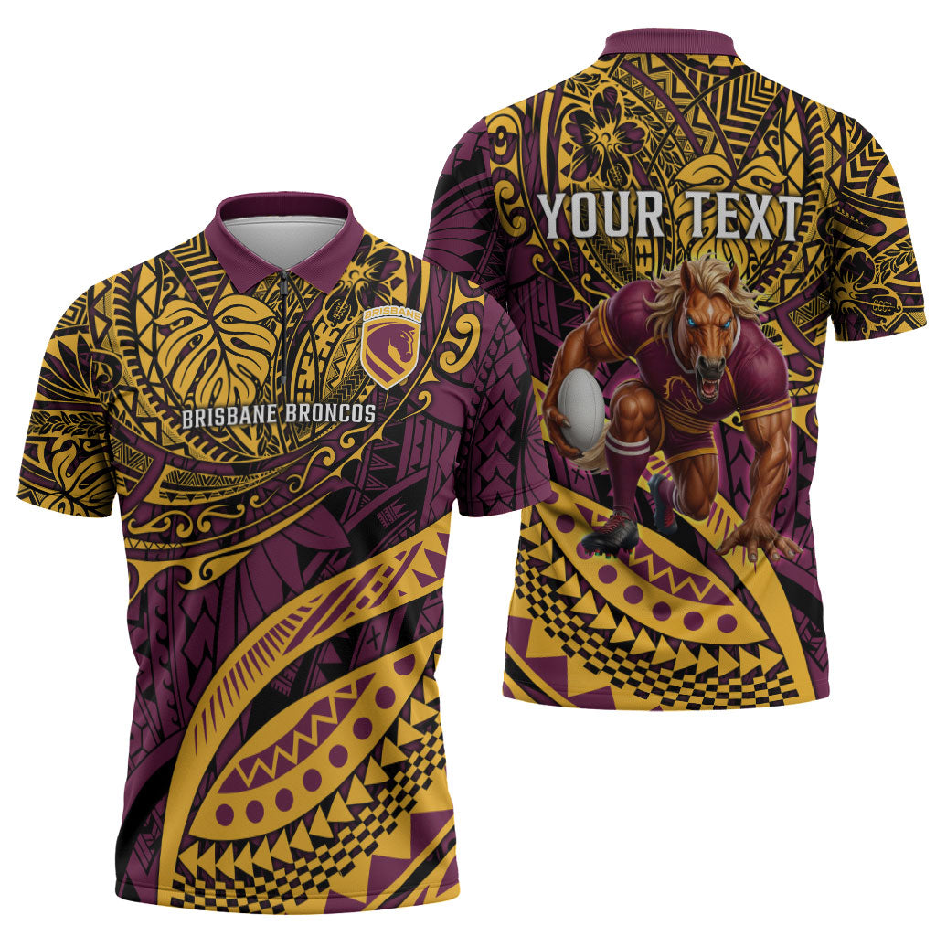 Personalised Brisbane Broncos Zipper Polo Shirt Polynesian Tribal Art Style With Hammerhead Mascot